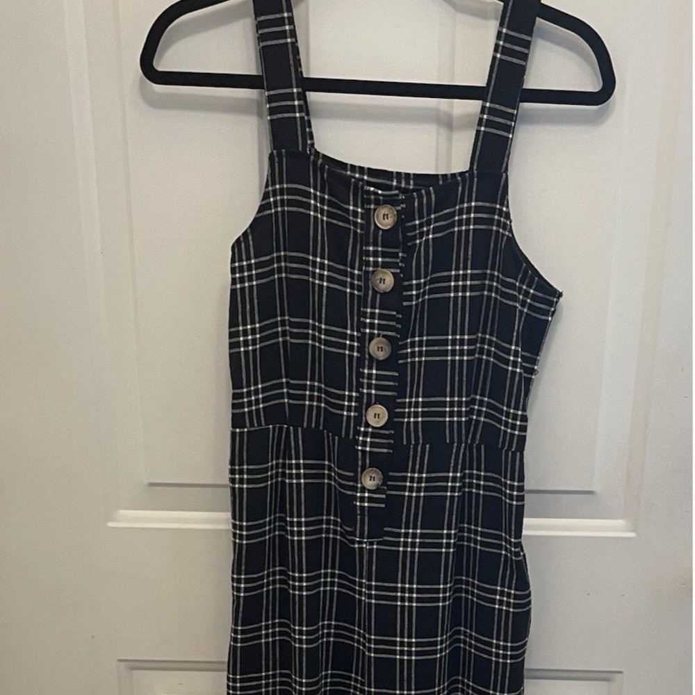 American Eagle Plaid Button Front‎ Wide Leg Jumpsuit Black White Womens Small
